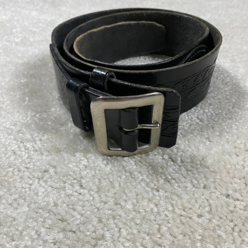 VTG Black Leather Belt Mens 36 Western Floral Embossed Belt Silver Buckle